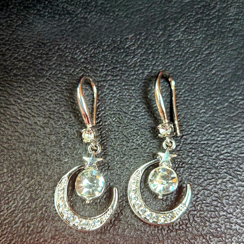 Sterling Silver 925 Moon and Star Earrings White Sapphire Dangle Earrings NWT